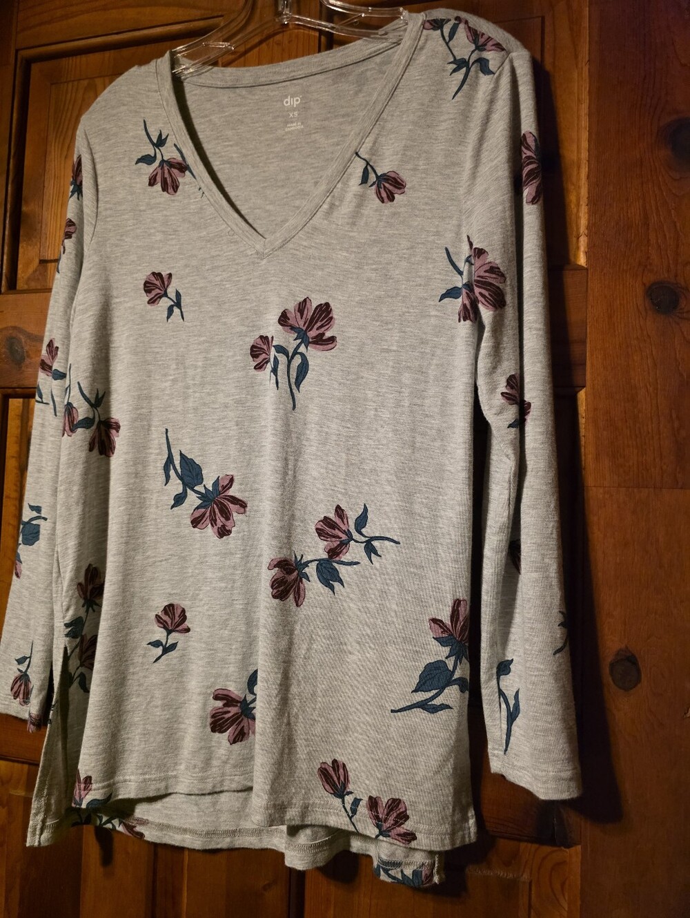 dip Xs Floral V-Neck Long Sleeve Top - Light Gray with Maroon and Teal Flowers